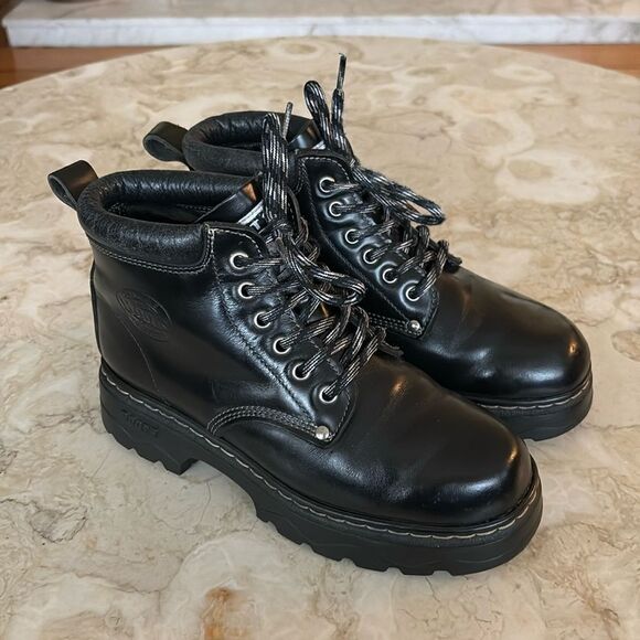 Vintage Roots Tuff Leather Hiking Boots Black Chunky Lug Sole - Picture 2 of 14